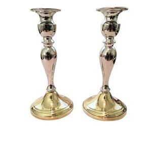 Candlestick Pair Two-tone Silver Brass Web‎ Pewter Weighted Formal Evening